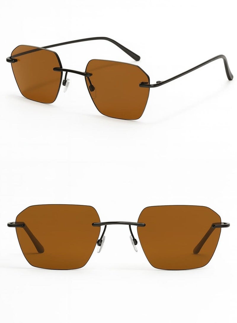 RETRO Ultra-Light Rimless Geometric Sunglasses for Women & Men | Brown Tinted Lens | Metal Temple | Modern Fashion Eyewear - Image 1
