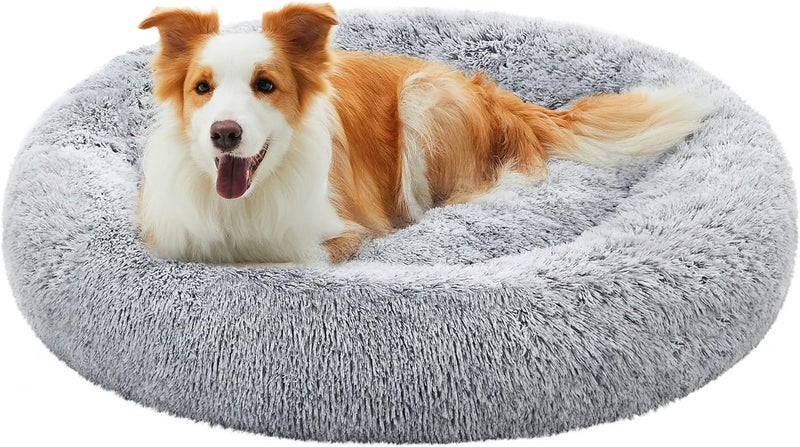 Feandrea Dog Bed, Donut Cat Bed, Fluffy Calming Pet Bed with Removable, Washable Cover, Soft Long Plush, 100 cm, Grey - Image 1