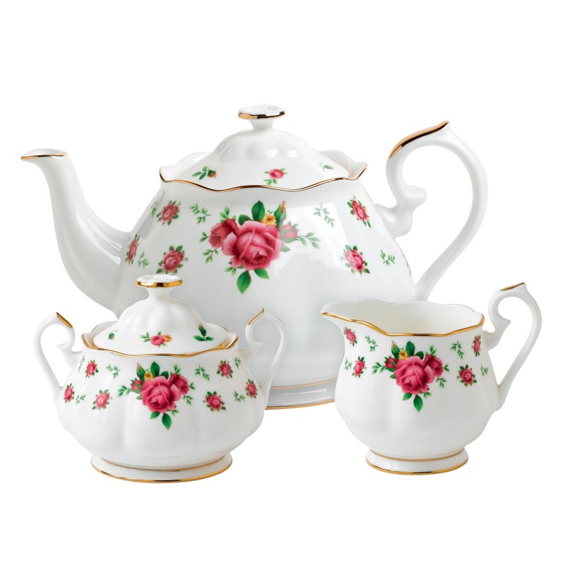 ROYAL ALBERT Royal Albert New Country Roses White 3Piece Set Teapot Sugar  Creamer 