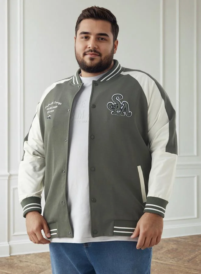 Men Plus Size Regular Fit Button Through Varsity Jacket
