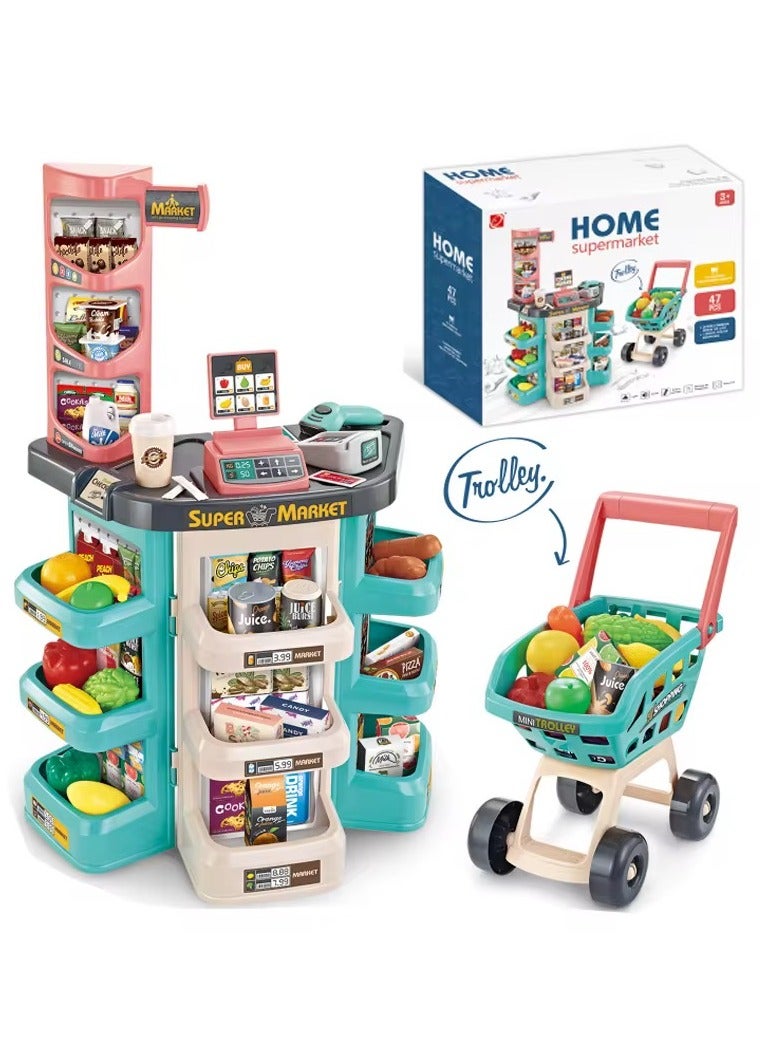 DEHKAH Kids Home Supermarket - 48 Pieces with Shopping Trolley and Electronic Cashier  - Image 1
