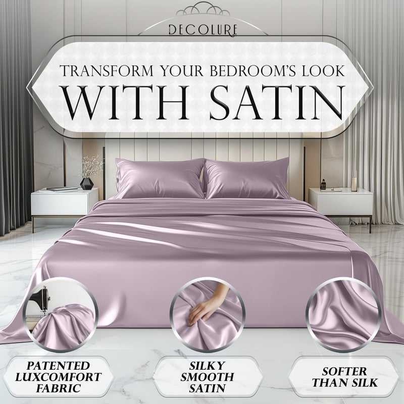DECOLURE Satin Sheets Full Size Bed Set 4 Pcs - Elegant Satin Bed Sheets w/ 15 inch Deep Pocket - Hypoallergenic  Double Stitching  Wrinkle Free - Silky & Luxuriously Soft Satin Bedding (Lavender) - Image 2