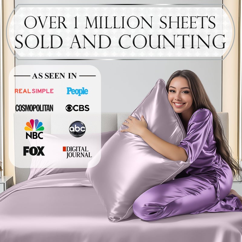 DECOLURE Satin Sheets Full Size Bed Set 4 Pcs - Elegant Satin Bed Sheets w/ 15 inch Deep Pocket - Hypoallergenic  Double Stitching  Wrinkle Free - Silky & Luxuriously Soft Satin Bedding (Lavender) - Image 4