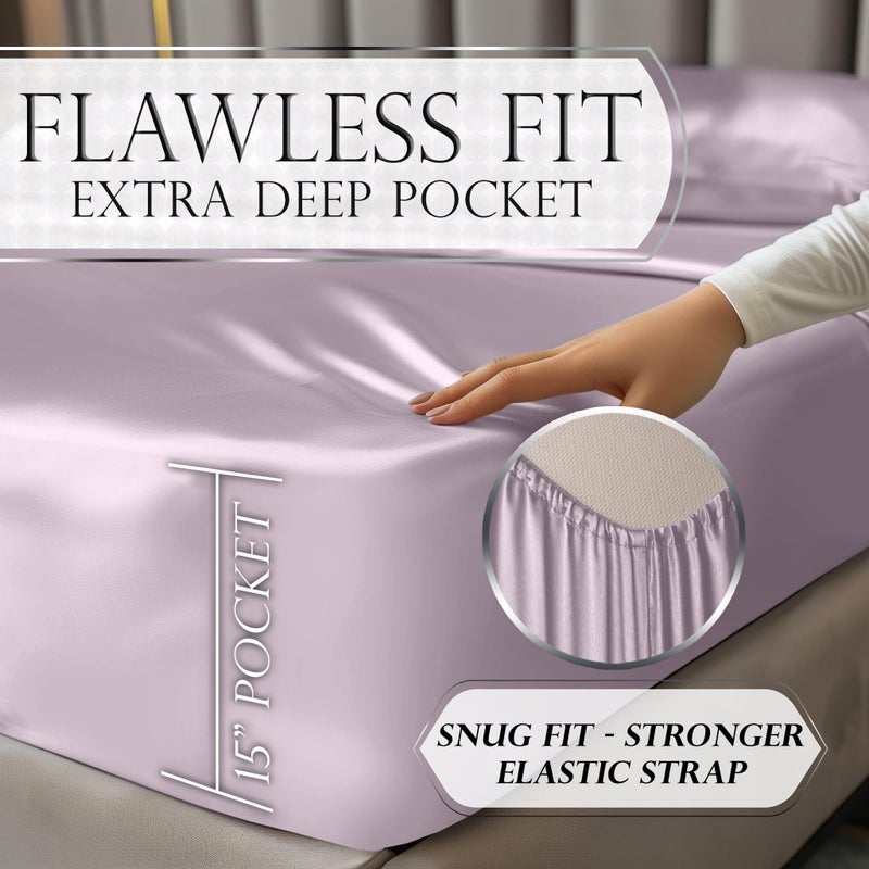 DECOLURE Satin Sheets Full Size Bed Set 4 Pcs - Elegant Satin Bed Sheets w/ 15 inch Deep Pocket - Hypoallergenic  Double Stitching  Wrinkle Free - Silky & Luxuriously Soft Satin Bedding (Lavender) - Image 5