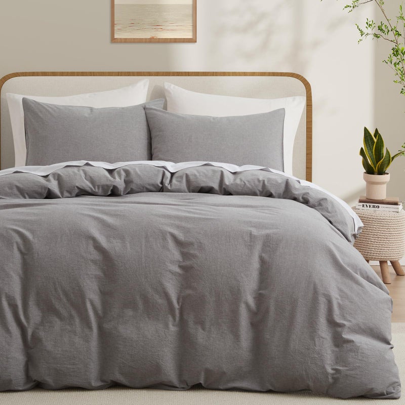 LOVQUE Light Grey Cotton Duvet Cover Queen Size Linen Like Natural Bedding Set with Zipper Closure No Comforter 90x90 Inches