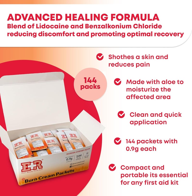 Ever Ready First Aid كريم تخفيف الحروق علبة تحتوي على 144 عبوة كل منها 09 جرام مع ليدوكائين وكلوريد بنزالكونيوم مصمم لعلاج الحروق في المنزل أو في حالات العناية الطبية بالجلد - Image 2