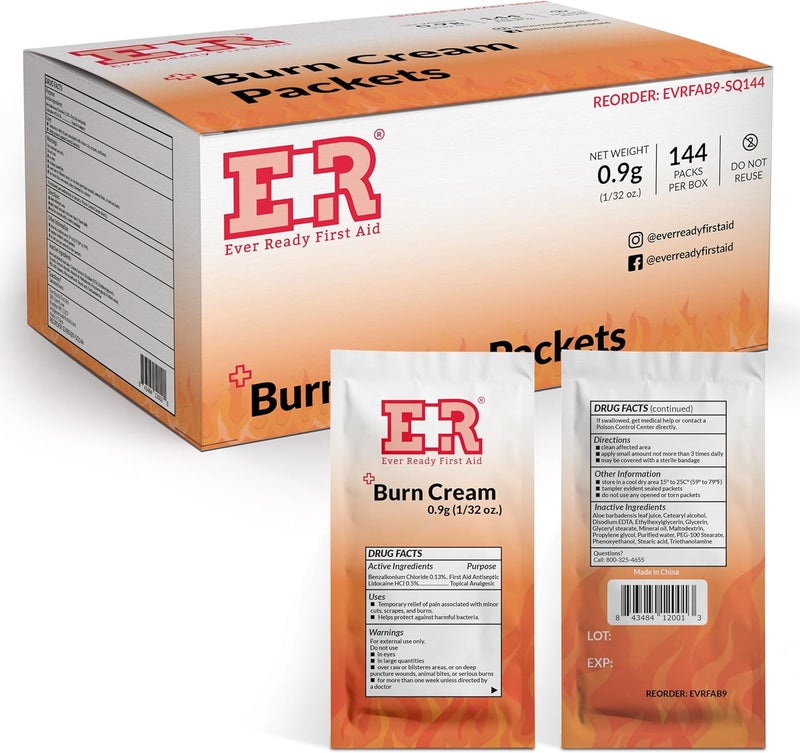 Ever Ready First Aid كريم تخفيف الحروق علبة تحتوي على 144 عبوة كل منها 09 جرام مع ليدوكائين وكلوريد بنزالكونيوم مصمم لعلاج الحروق في المنزل أو في حالات العناية الطبية بالجلد - Image 1