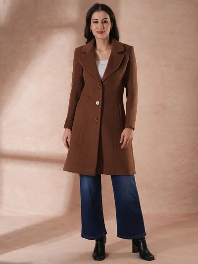 جلو باص Women Self Design Notched Lapel Pea Coat