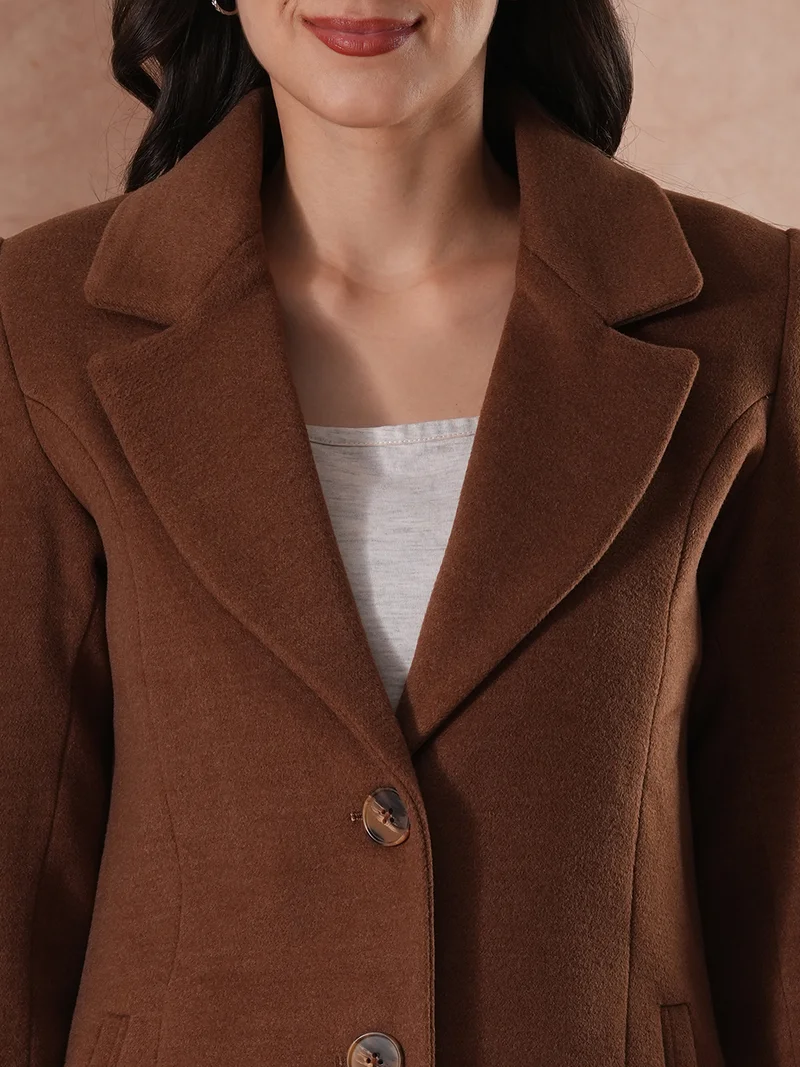 جلو باص Women Self Design Notched Lapel Pea Coat