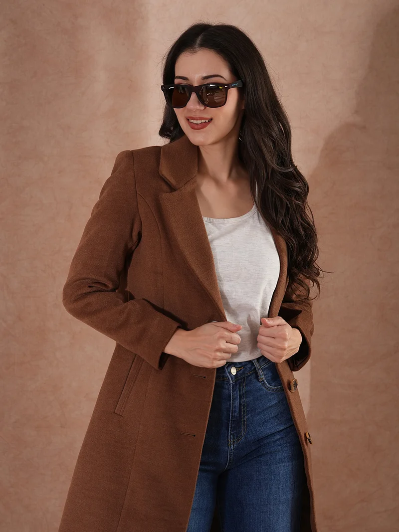 جلو باص Women Self Design Notched Lapel Pea Coat