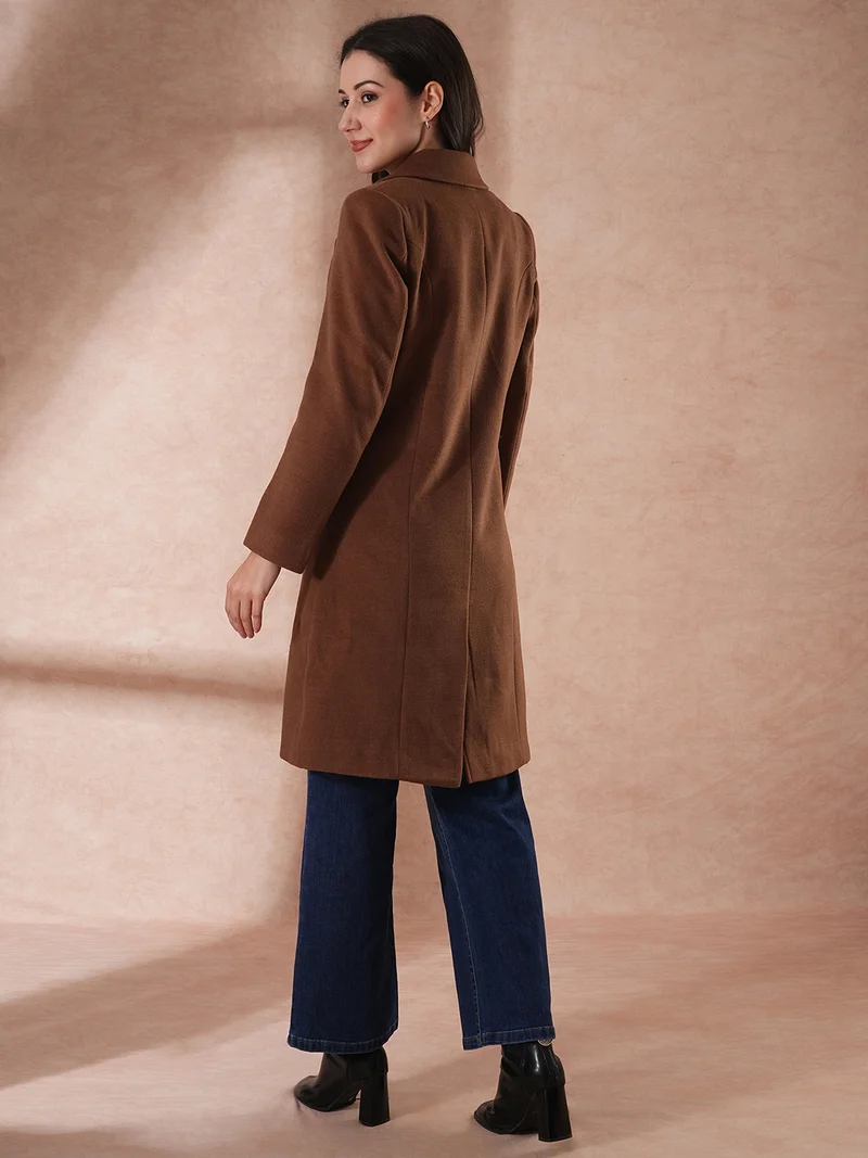 جلو باص Women Self Design Notched Lapel Pea Coat