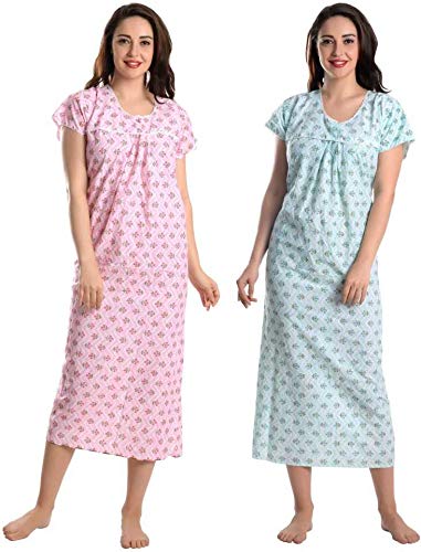 CIERGE Women's Cotton Printed Maxi Nighty (Pink & Green Lace_Free Size_CIERGE KNEE NIGHTY COMBO) - Image 1