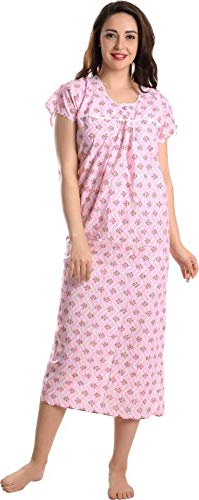 CIERGE Women's Cotton Printed Maxi Nighty (Pink & Green Lace_Free Size_CIERGE KNEE NIGHTY COMBO) - Image 2