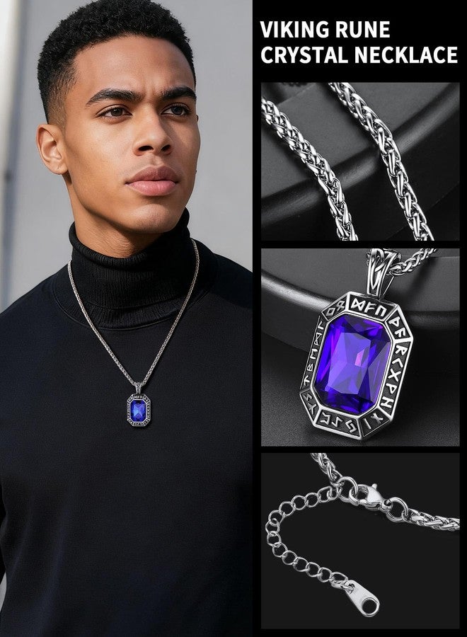 ChainsHouse Mens Womens Viking Runes Necklaces Stainless Steel Blue Gemstone Pendant Necklace, Viking Amulet Jewelry Gift for Men - Image 4
