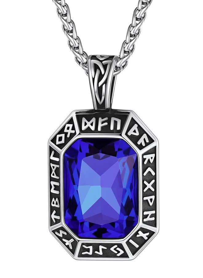 ChainsHouse Mens Womens Viking Runes Necklaces Stainless Steel Blue Gemstone Pendant Necklace, Viking Amulet Jewelry Gift for Men - Image 1