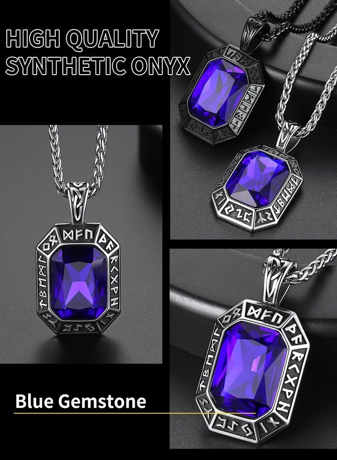 ChainsHouse Mens Womens Viking Runes Necklaces Stainless Steel Blue Gemstone Pendant Necklace, Viking Amulet Jewelry Gift for Men - Image 5