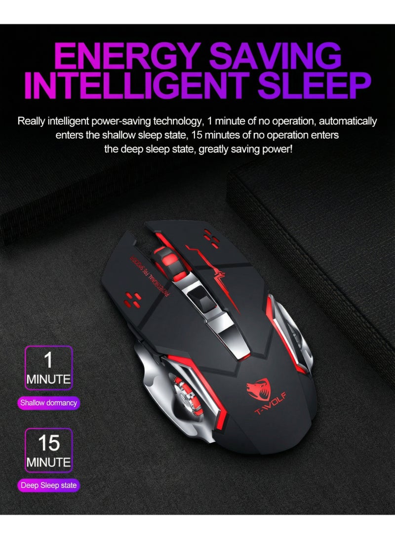 T-WOLF Q13B is a rechargeable wireless mouse suitable for gaming, esports, and office use. It has 3 levels (1200-1600-2400DPI switching), Bluetooth+2.4GHz dual-mode connection, built-in 600mAh rechargeable battery, and a 7-color breathing light at the bottom - Image 2