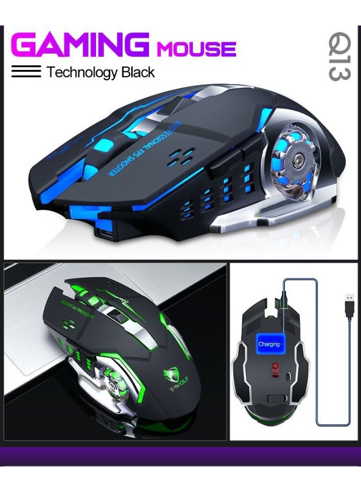 T-WOLF Q13B is a rechargeable wireless mouse suitable for gaming, esports, and office use. It has 3 levels (1200-1600-2400DPI switching), Bluetooth+2.4GHz dual-mode connection, built-in 600mAh rechargeable battery, and a 7-color breathing light at the bottom - Image 4