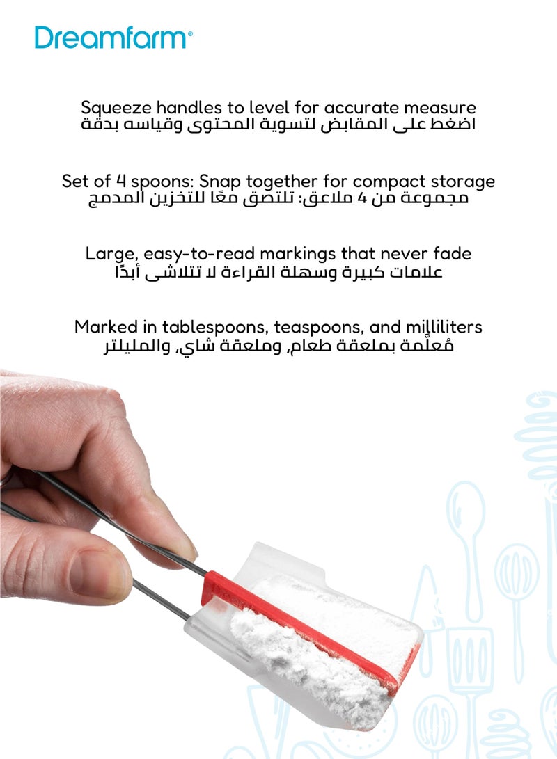 Dreamfarm Levoons | 4-Piece Set Measuring Spoons | Ingenious Leveling Scraper | Snap Together for Storage | Red | Accurate Measurements | 13.8 x 13.8 x 3.2 CM - Image 4