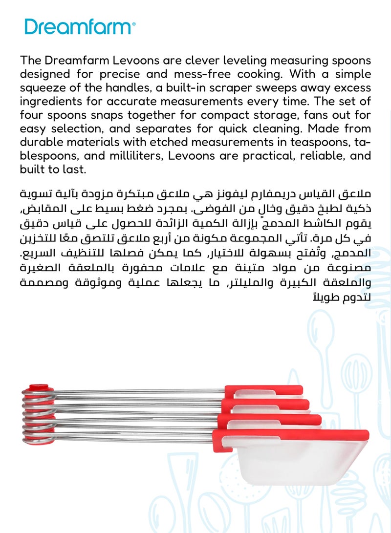 Dreamfarm Levoons | 4-Piece Set Measuring Spoons | Ingenious Leveling Scraper | Snap Together for Storage | Red | Accurate Measurements | 13.8 x 13.8 x 3.2 CM - Image 5