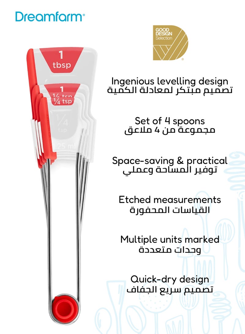 Dreamfarm Levoons | 4-Piece Set Measuring Spoons | Ingenious Leveling Scraper | Snap Together for Storage | Red | Accurate Measurements | 13.8 x 13.8 x 3.2 CM - Image 3