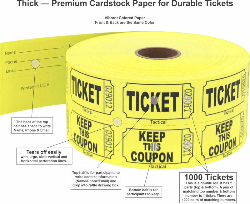 Tacticai 1000 Tacticai Raffle Tickets, Yellow (1 of 8 Colors), Double Roll, Ticket for Events, Entry, Class Reward, Fundraiser & Prizes - Image 2