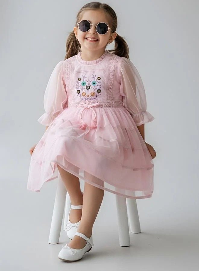 Bella Moda Girls Mesh Embroidered Dress Long Sleeves and Tassel Belt