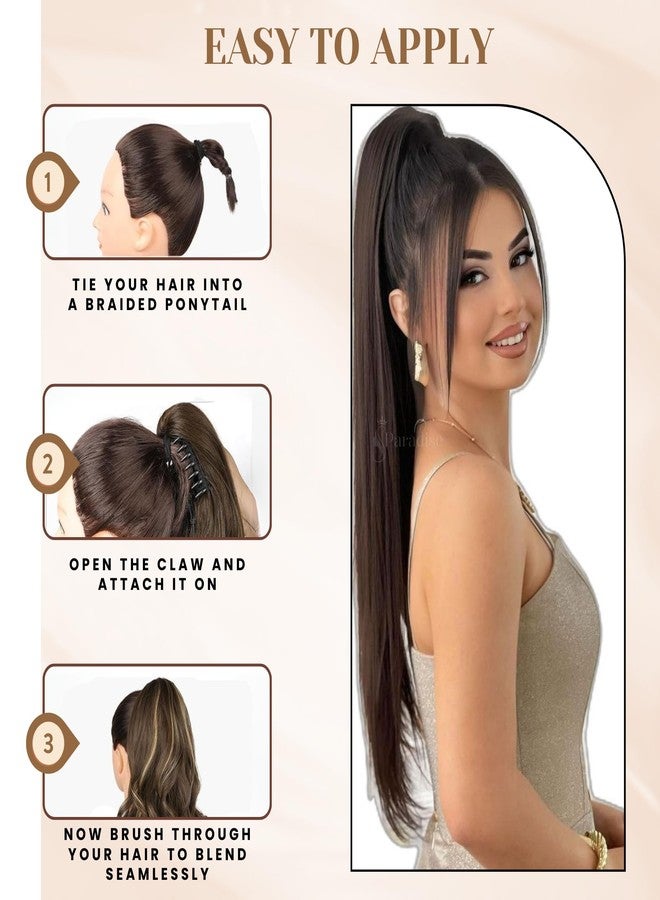 Paradise Ponytail Hair Extensions for Women & Girls 28”, Dark Brown Straight Long Length Half Wig, Claw Clip Clutcher Synthetic Bun Hair Extensions - Image 5