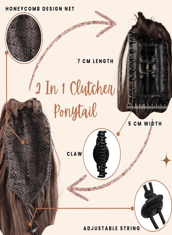 Paradise Ponytail Hair Extensions for Women & Girls 28”, Dark Brown Straight Long Length Half Wig, Claw Clip Clutcher Synthetic Bun Hair Extensions - Image 4