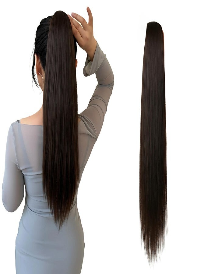 Paradise Ponytail Hair Extensions for Women & Girls 28”, Dark Brown Straight Long Length Half Wig, Claw Clip Clutcher Synthetic Bun Hair Extensions - Image 1