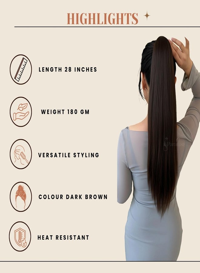 Paradise Ponytail Hair Extensions for Women & Girls 28”, Dark Brown Straight Long Length Half Wig, Claw Clip Clutcher Synthetic Bun Hair Extensions - Image 3