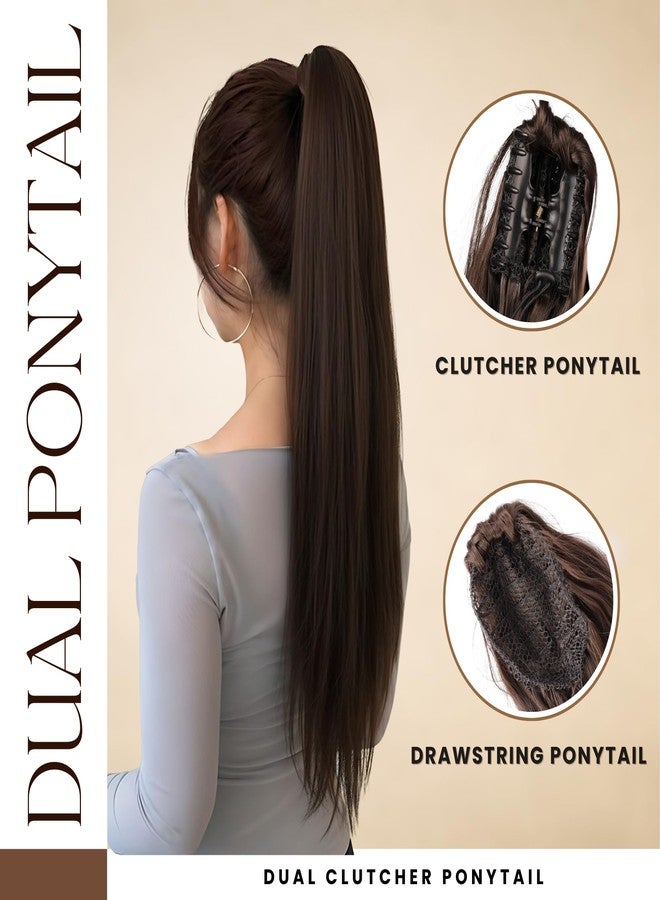 Paradise Ponytail Hair Extensions for Women & Girls 28”, Dark Brown Straight Long Length Half Wig, Claw Clip Clutcher Synthetic Bun Hair Extensions - Image 2