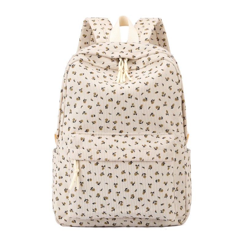 Tanweibago School Backpack for Girls Corduroy Bookbag 16inch Elementary Primary Preschool for Teen Boys Girl Travel Casual Daypacks Flora Beige - Image 2