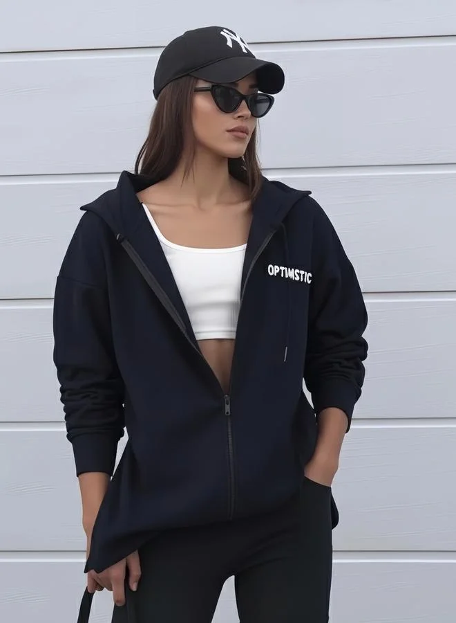 Styli Oversized Longline Zip Through Slogan Hoodie