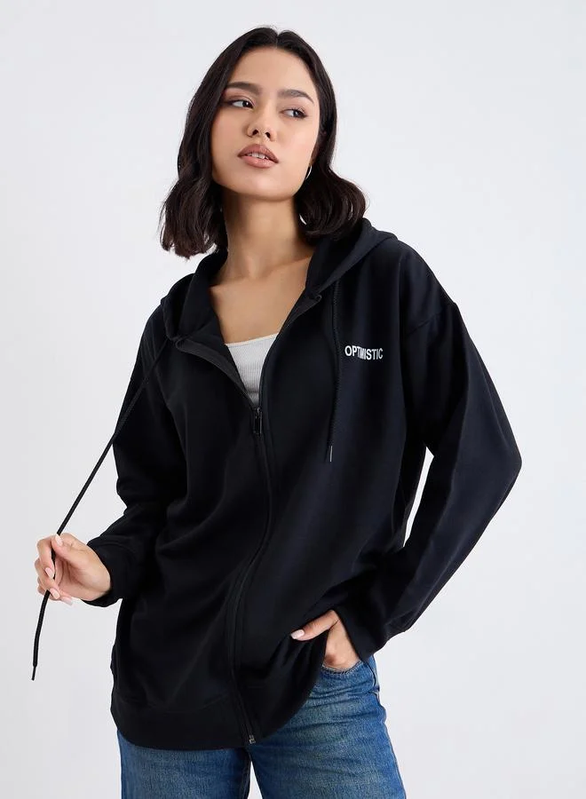 Styli Oversized Longline Zip Through Slogan Hoodie