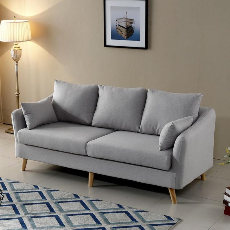 Poppins Home Modern Linen Upholstery Sofa, 3-Seater with Sloped Arms and Pillow Back, Wooden Legs - Available in Yellow, Gray, Coffee, Blue-Perfect for Living Room Comfort - Image 2