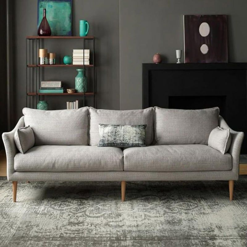 Poppins Home Modern Linen Upholstery Sofa, 3-Seater with Sloped Arms and Pillow Back, Wooden Legs - Available in Yellow, Gray, Coffee, Blue-Perfect for Living Room Comfort - Image 1