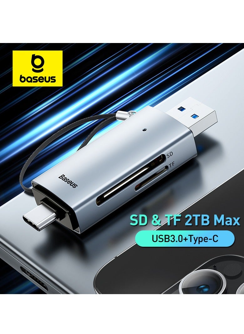 SD Card Reader, 2-in-1 USB 3.0 Type C OTG Memory Card Reader High-Speed for SD/Micro SD/SDHC/SDXC/MMC, Compatible with iPhone 15 Pro Max, MacBook Pro/Air, Chromebook, Android, Samsung, Huawei and More Grey