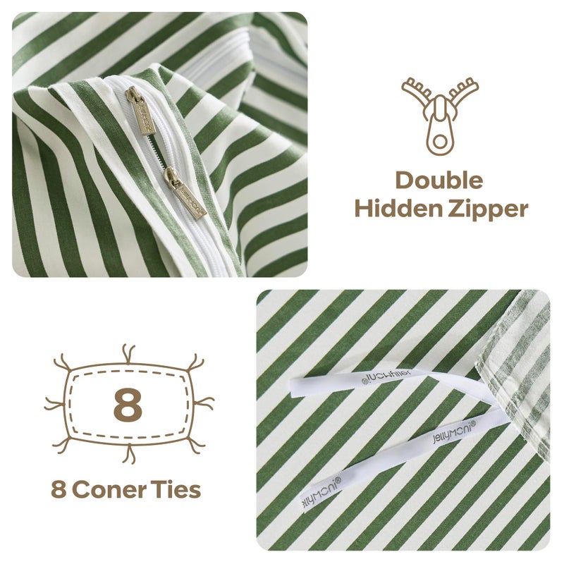 JELLYMONI 100% Natural Cotton 3pcs Striped Duvet Cover Sets,White with Green Stripes Pattern Printed Comforter Cover,with Zipper Closure & Corner Ties(Queen Size) - Image 4