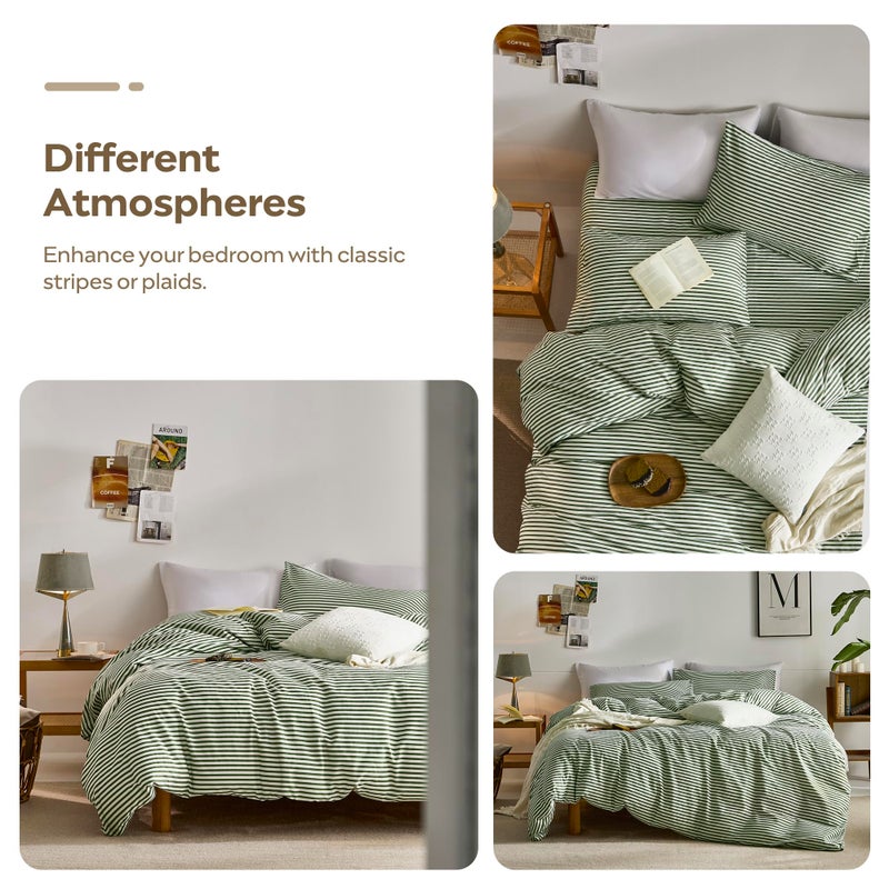 JELLYMONI 100% Natural Cotton 3pcs Striped Duvet Cover Sets,White with Green Stripes Pattern Printed Comforter Cover,with Zipper Closure & Corner Ties(Queen Size) - Image 5