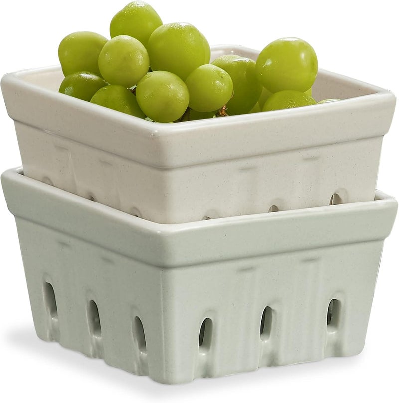 ONEMORE Ceramic Berry Basket Square Fruit Bowls Rustic Stoneware Berry Colander Set of 2 57 inch Gray  Light Green - Image 1