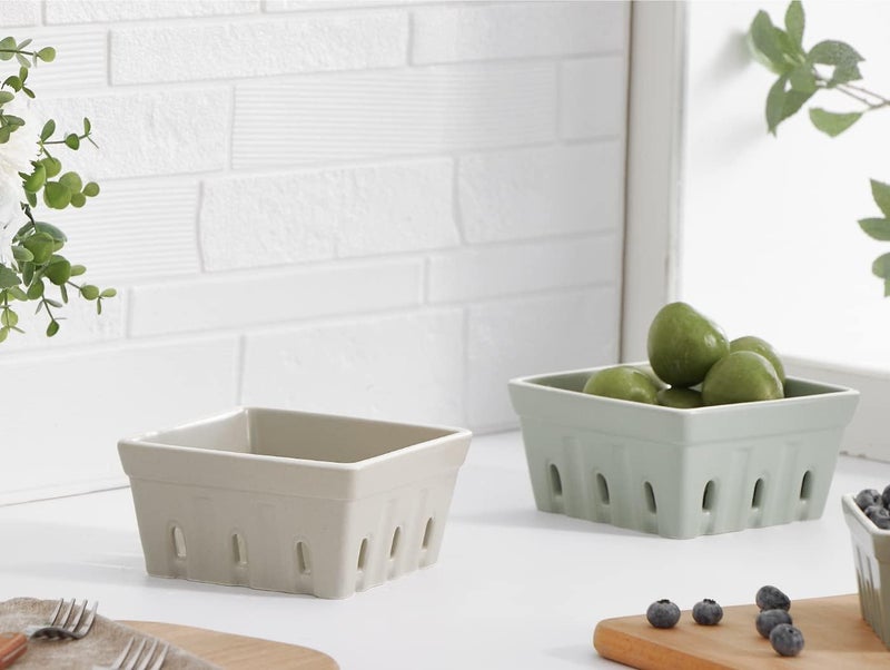 ONEMORE Ceramic Berry Basket Square Fruit Bowls Rustic Stoneware Berry Colander Set of 2 57 inch Gray  Light Green - Image 2