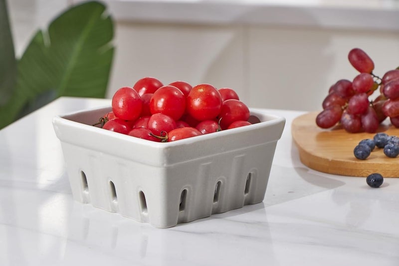 ONEMORE Ceramic Berry Basket Square Fruit Bowls Rustic Stoneware Berry Colander Set of 2 57 inch Gray  Light Green - Image 3