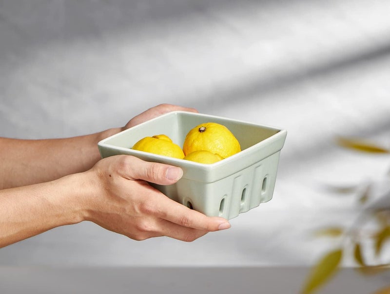 ONEMORE Ceramic Berry Basket Square Fruit Bowls Rustic Stoneware Berry Colander Set of 2 57 inch Gray  Light Green - Image 4
