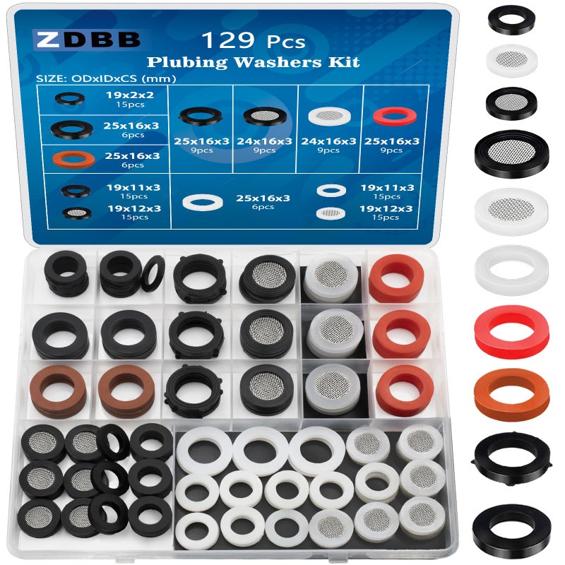 ZDBB 129 PCS Garden Hose Washers Shower Head Gaskets with Screen Filter,Silicone Rubber Washer for 3/4,1/2 Inch Water Fittings Plumbing Shower Hose Splitter Washing Machine Rv Faucet - Image 1