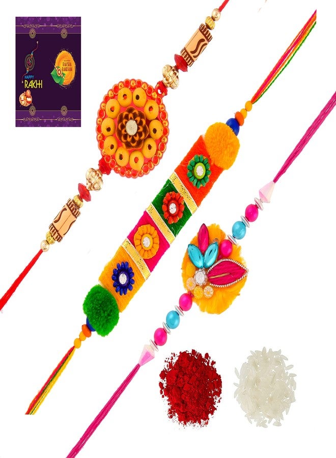 AR Eyewar Multicolor Three Designer Rakhi Combo Set For Brother Sister (ARR211188)