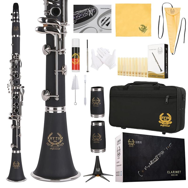 Rhythm Bb Clarinet 17 Nickel Keys Woodwind Band Orchestra Musical Instruments for Beginners Includes Case Stand 10 Reeds and Cleaning KitBlackSilver keys