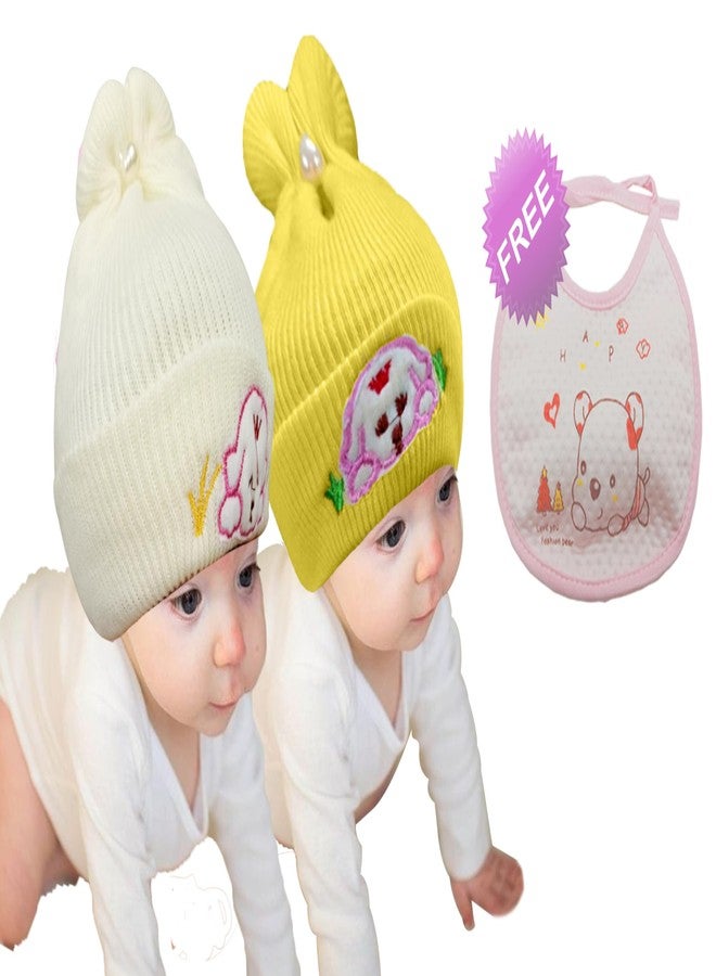 TRUE INDIAN Combo of Baby Winter Warm Cap & Baby Bibs | New Born Baby Kid's Hat | Cotton Baby Bibs/Baby Apron with Titch Button I Woolen Cap for Kid's Boy's & Girl's (0-3 Months, Yellow Beige) - Image 2