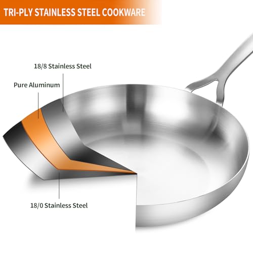 DELARLO Whole Body Tri-Ply Stainless Steel 12 Inch Frying Pan With Lid, kitchen large Skillet Suitable for All Stove Up to 600℉, 18/10 Cookware - Image 2