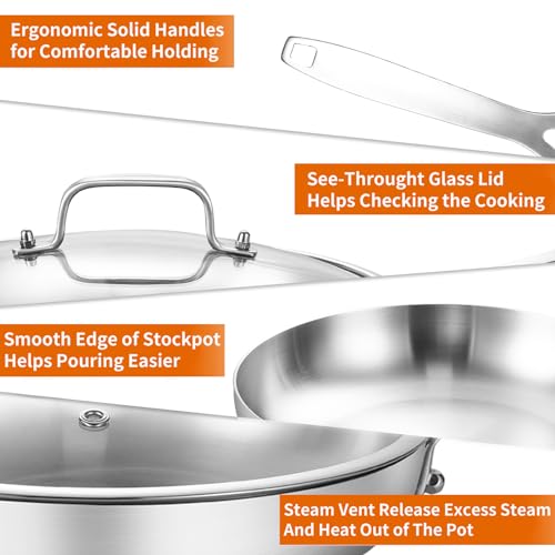 DELARLO Whole Body Tri-Ply Stainless Steel 12 Inch Frying Pan With Lid, kitchen large Skillet Suitable for All Stove Up to 600℉, 18/10 Cookware - Image 4